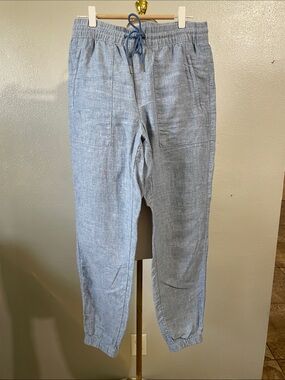 Athleta Linen Jogger Pants Drawstring Elastic Waist Lightweight Blue Sz 4 Pocket
